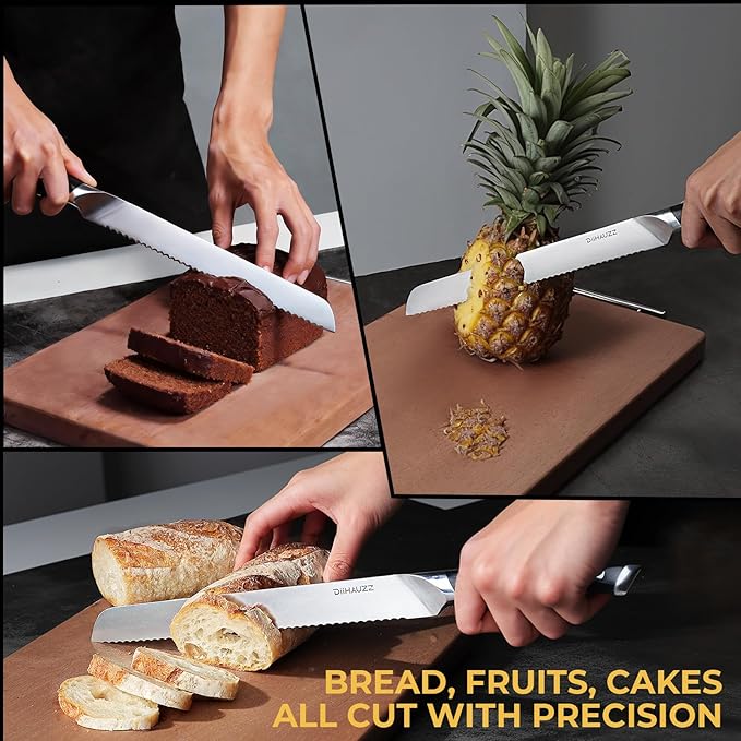 Bread Knife, 10 Inch Serrated Knife for Slicing Homemade Bread, Razor Sharp High Carbon Steel, Professional Bakery Kitchen Knives with Full Tang Ergonomic Handle for Sourdough, Bagel, Cake