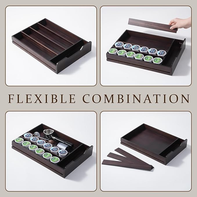 Solid Acacia Wood Coffee Pod Organizer with Walnut Finish, 35-Capacity Coffee Drawer with Removable Dividers, Child-Safe Rounded Edges for Countertop