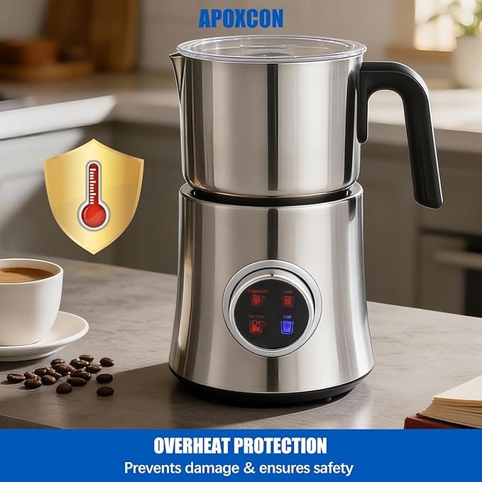 APOXCON Electric Milk Frother and Steamer, 4-in-1 Hot & Cold Foam Maker for Coffee 17oz Stainless Steel Frother Machine with LED Display Rotary Knob Milk Warmer Hot Chocolate Maker Dishwasher Safe