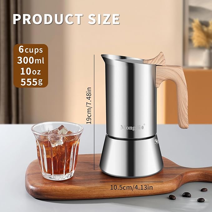 Mongdio Stainless Steel Moka Pot, Stovetop Espresso Coffee Maker, Percolator Coffee Pot, Italian Espresso Greca Coffee Maker for Camping Travel Home, 6 Espresso Cups, 10 oz