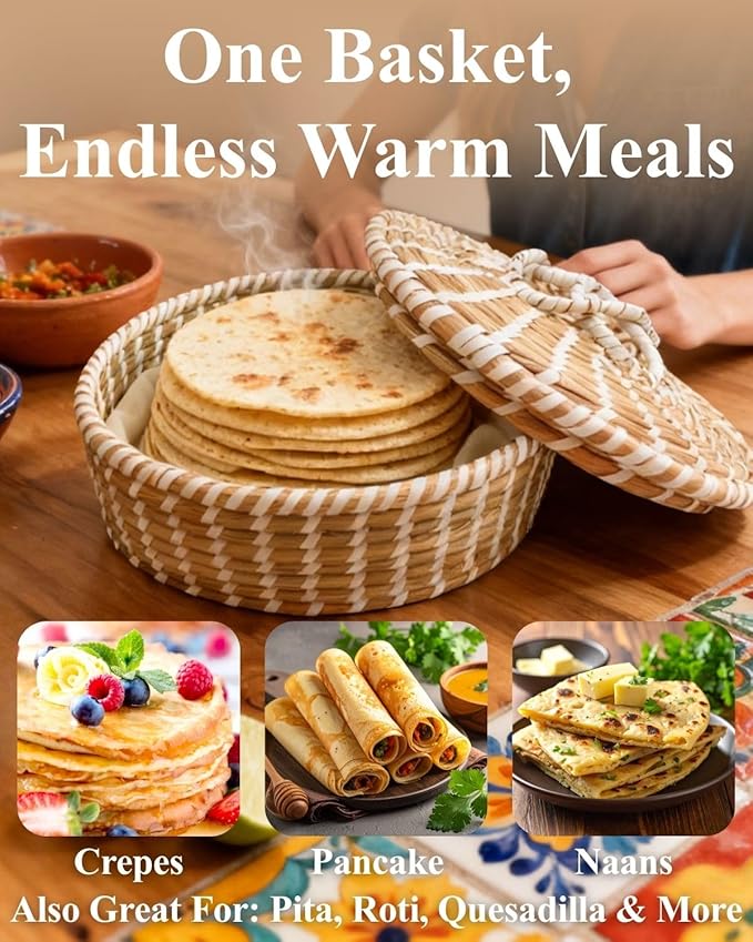 Handwoven Seagrass Tortilla Warmer Basket with Lid, 9.6" Breathable Natural Tortilla Holder with 2 Washable Cotton Liners, Boho Farmhouse Style Server for Tortillas, Roti, Pancake & Flatbread