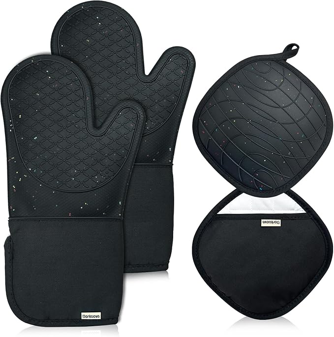 Oven Glove Cute,Cooking Mittens,Oven Mittens for Kitchen,Oven Gloves for Kitchen,Washable Silicone Oven Mitts Heat Resistant 500°F, Potholders for Kitchens Cooking Baking(Black