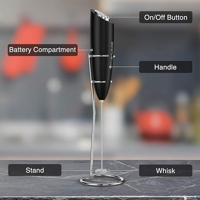 SIMPLETASTE Milk Frother Handheld Electric Foam Maker, Drink Mixer with Stainless Steel Whisk for Cappuccino, Bulletproof Coffee, Latte, Black, with Stand, Battery Operated