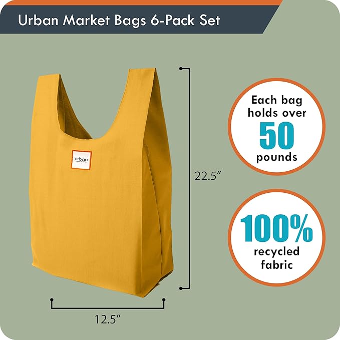 Urban Market Bags - Meadow - 6 Foldable Reusable Shopping Bags in 1 Compact Pouch, Luxury Quality, Recycled Fabric, Holds 50+ lbs, Machine Washable, Pouch Fits in Cupholder, Designed in California