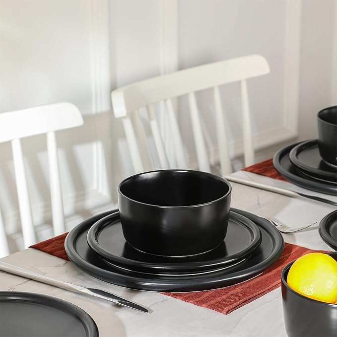 Stone Lain Eden 12-Piece Dinnerware Set Stoneware, Plates and Bowls Set, Dishwasher and Microwave Safe Dish, Dish Set for 4, Black