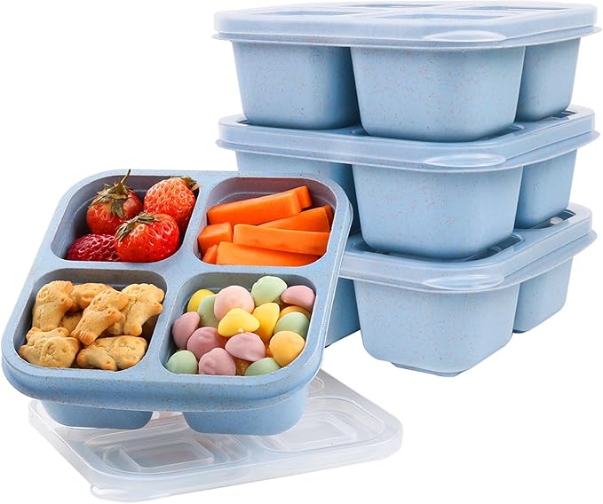 4 Pack Snack Containers, 4 Compartments Snack Box Containers with Lids, Reusable Meal Prep Lunchable Container for Adults, Microwave Dishwasher Safe, Divided Food Storage Containers for Work Travel