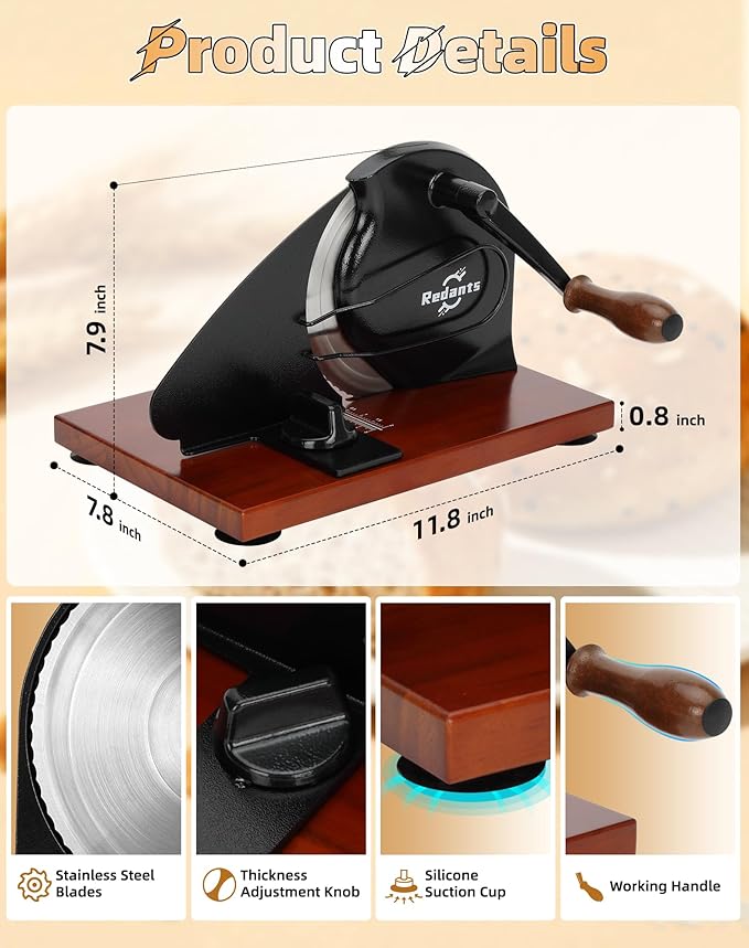 Redants Manual Bread Slicer for Homemade Sourdough Bread, Versatile Hand Crank Bread Slicer, Adjustable Thickness for Smooth Cutting, Food Grade Stainless Steel (Black)