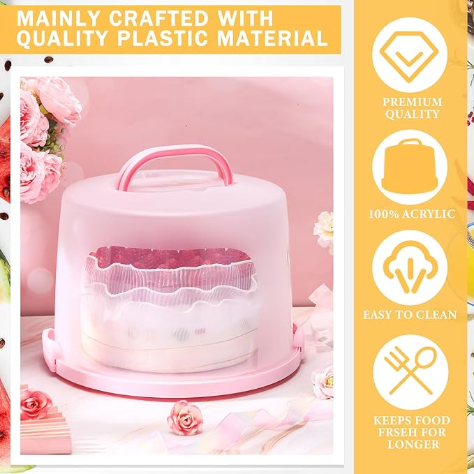 Baderke 10 Inch Round Cake Carrier with Lid and Handle - Two Sided Cake Holder & Box for Transport, Pie, Cupcake(Pink)