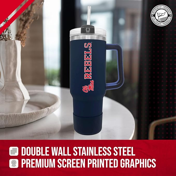 Campus Colors College & University 40 oz Travel Tumbler With Handle - Dual Option Lid With Straw - Vacuum Insulated Stainless Steel (Ole Miss Rebels - Navy)