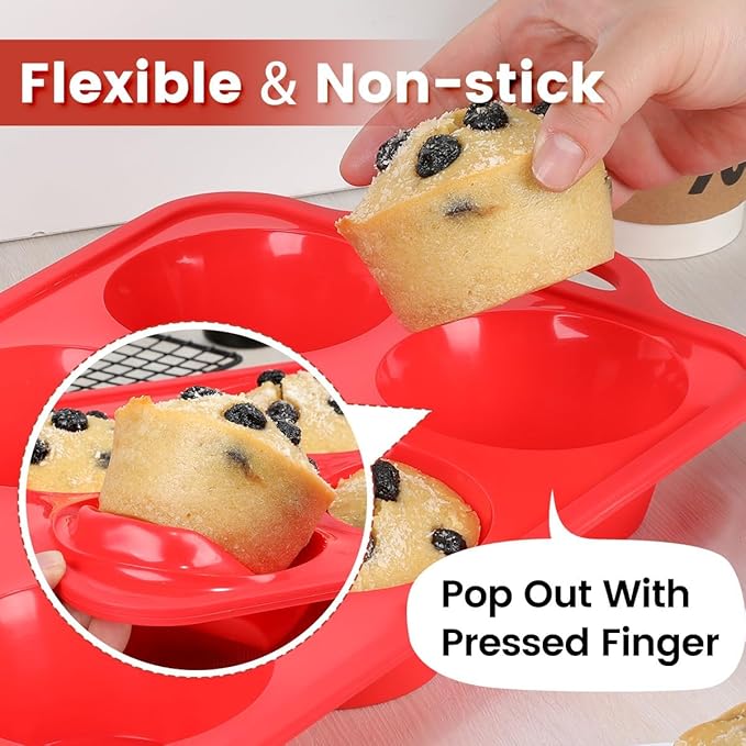 CAKETIME Jumbo Muffin Pan, 3.5 Inch Large Muffin Pan with Metal Reinforced Frame 6 Cup Silicone Jumbo Cupcake Pans for Baking Easy to Handle 2 Pack Red