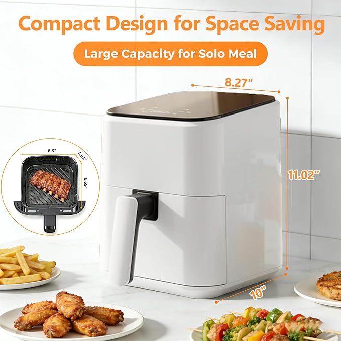 Simple Deluxe 8-in-1 Air Fryer 3 Qt, Digital Preset Airfryer with Overheat Protection and Auto Shut-Off, Nonstick and Dishwasher-Safe Basket for Fries, Bake, 60-Min Timer, Max 400°F, 800W, White