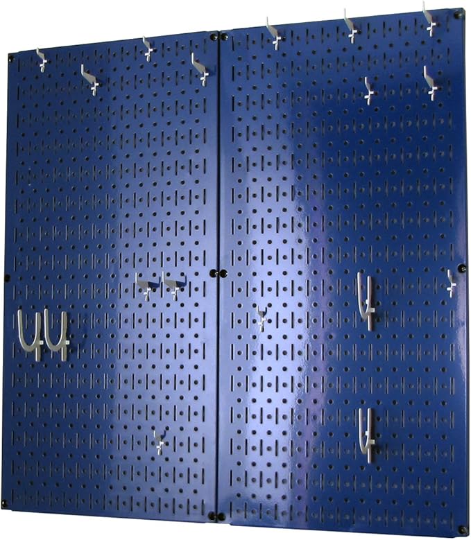 Wall Control Kitchen Pegboard Organizer Pots and Pans Storage Rack Organization Kit with Blue Pegboard and White Accessories