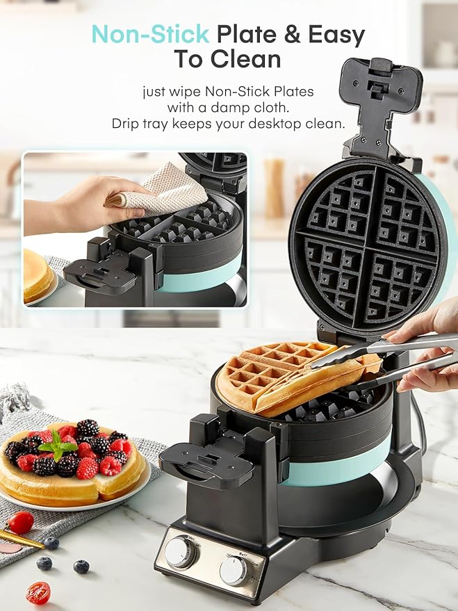 FOHERE 2-in-1 Omelette Maker&Waffle Maker, 1400W Omelet Maker 180° Flip, Adjustable Browning Control, Non-Removable & Nonstick Pans, Make Two Omelet and One Waffle at Once for Home (Mint Green)