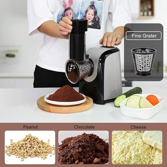 Homdox Electric Salad Maker, Professional Slicer Shredder Greater Electric Cheese Grater Salad Maker Machine Carrot Slicer with 4 Stainless Steel Rotary Blades, One-Touch Control, 150W