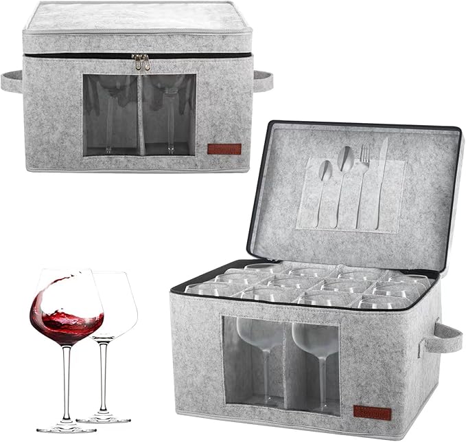 Foyego 2 Pack Wine Glass Storage Box with Dividers, Stemware Storage Containers for Packing and Moving, China Storage Containers Box for 12 Crystal Glassware, Wine Glasses, Drinkware,Light Gray