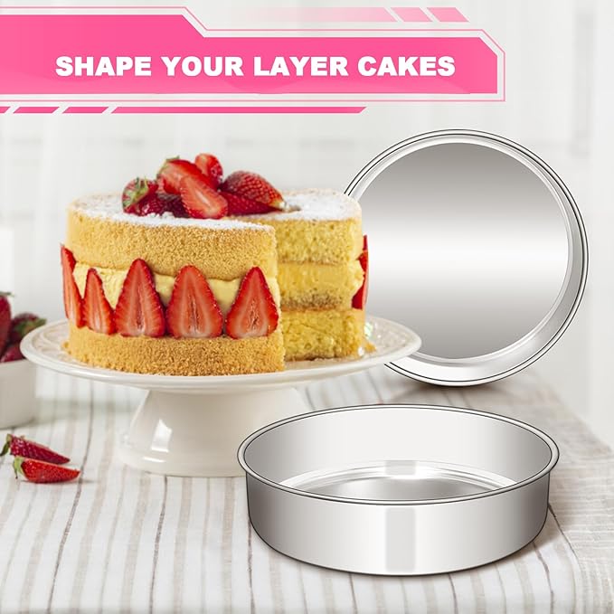 EWFEN 8 Inch Cake Pan Set of 2, Stainless Steel Round Layer Cake Baking Pans Tins, Non-Toxic & Healthy, Leak-proof & Easy Clean & Dishwasher Safe