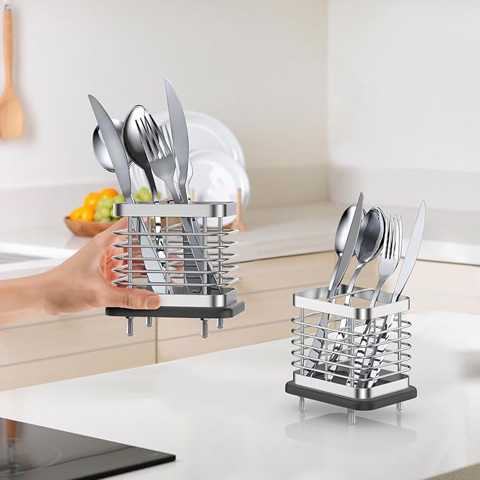 2 Slots Utensil Holder for Kitchen Counter, Small Stainless Steel Cutlery Holder Organizer with Drying Diatomaceous Earth Base, Utensil Drying Rack Spoon Fork Organizer Crock Storage, Sliver