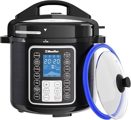 Mueller 6 Quart Pressure Cooker 10 in 1, Cook 2 Dishes at Once, Tempered Glass Lid incl, Saute, Slow Cooker, Rice Cooker, Yogurt Maker and Much More