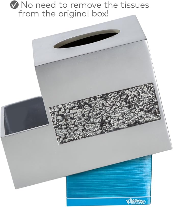 Crackled Glass Tissue Box Cover Square Silver Decorative Multi-function Storage Organizer Caddy; Tissue Box Holder & Countertop Nightstand Bedside Table Organizer Makeup, Phone, Remote Control Holder