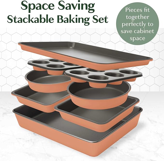 Goodful All-In-One Nonstick Bakeware Set, Stackable and Space Saving Design includes Round and Square Pans, Muffin Pans, Cookie Sheet and Roaster, Dishwasher Safe, 8-Piece, Terracotta