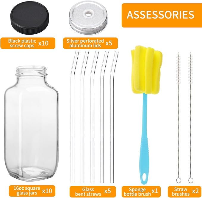 CUCUMI 10pcs 16oz Glass Juice Bottles with Lids, Reusable Juice Containers Drinking Jars Water Cups with Brush, Glass Straws, Lids with Hole | 10pcs, with Lids, Reusable, Juice Containers, Drinking Jars, Water Cups
