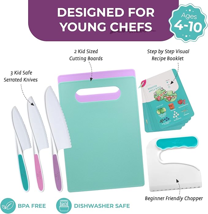Tovla Jr Kids Safe Knife Set for Real Cooking | Toddler Knife Set with Chopper and Cutting Boards | Montessori Kitchen Tools with Visual Recipe Booklet | Ages 4 to 10