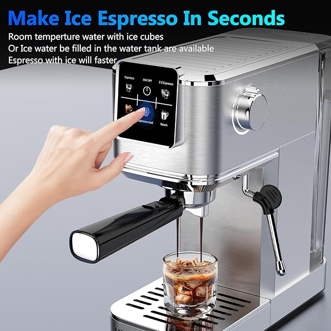 URintells Cuising Espresso Machine 20 Bar,Touch Screen Espresso Maker with Steam Milk Frother,Stainless Steel Coffee Machine for Cappuccino Latte Americano Cold Brew,1350W Fast Heat Up System,Silver