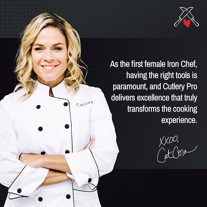 Cutlery-Pro Cat Cora Forged Granton Santoku Knife, Professional 7-Inch German Steel Blade For Slicing Meat Without Sticking, Ergonomic Triple-Rivet Handle, NSF-Certified Kitchen Knife