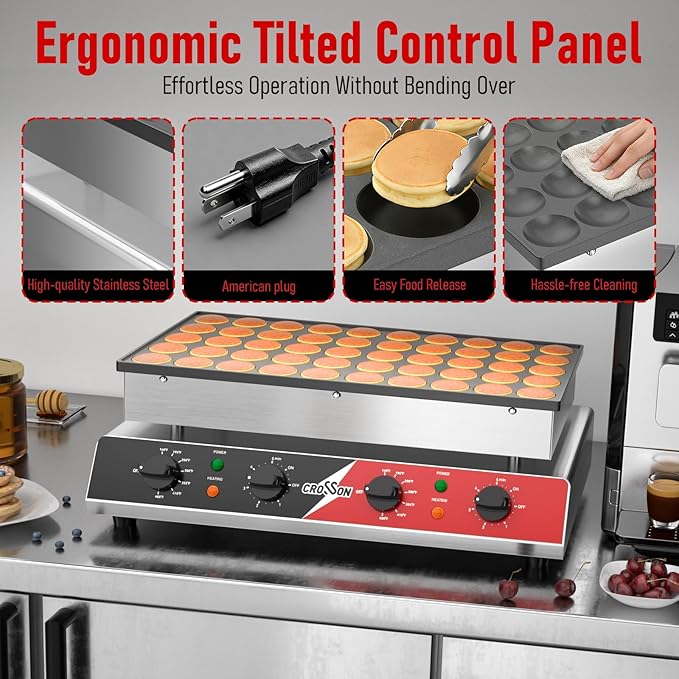 CROSSON Mini Pancake Maker, 50PCS 43mm Diameter Dutch Muffin Waffle Baker, Non-stick Stainless Steel Poffertjes Grill, Commercial Electric Dorayaki Machine W/Temp & Time Control 120V/1750W