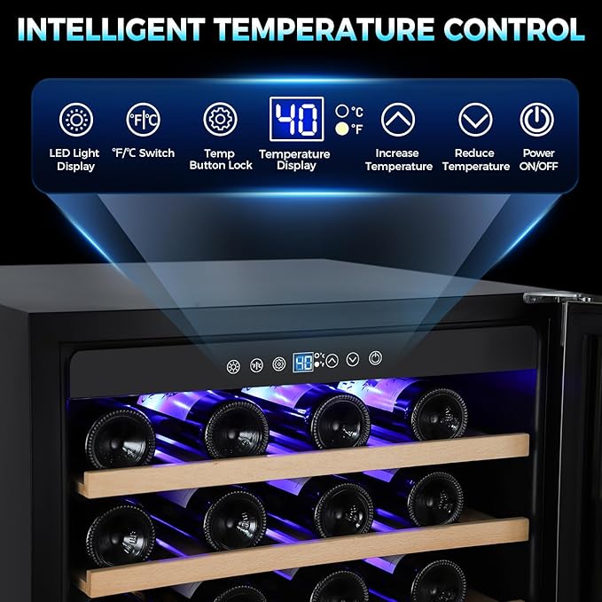 ORYMUSE 24 Inch Wine Fridge, 54 Bottle Wine Cooler Refrigerator with Stainless Steel Glass Door, LED Display, Upgraded Compressor, Built-In or Freestanding for Home Bar Kitchen