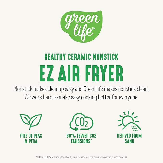 GreenLife 4.5QT Air Fryer, Mechanical Dial Controls, PFAS-Free Ceramic Nonstick Drawer, Adjustable Temp & Timer, LED Indicator, Oil-Less Cooking, Dishwasher Safe, Compact Family Size, Blue