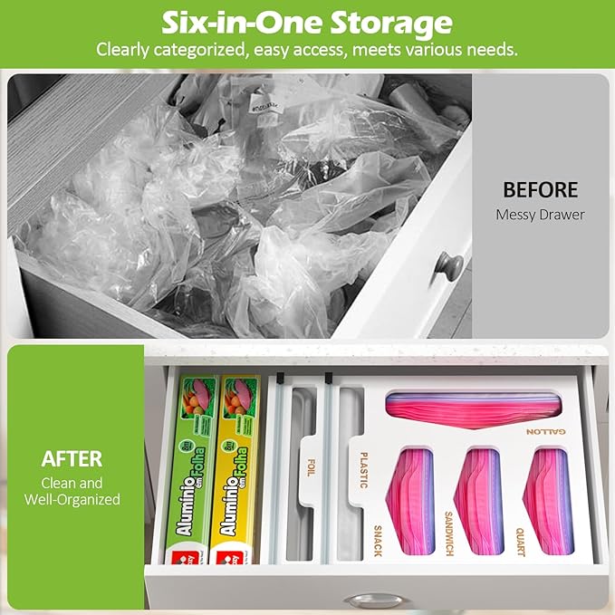 6 in 1 Bag Organizer and Wrap Dispenser with Magnetic Lid - Plastic Wrap Dispenser with Cutter for Kitchen Drawer, Storage for Gallon, Quart, Sandwich, Snack Bags, and Foil White