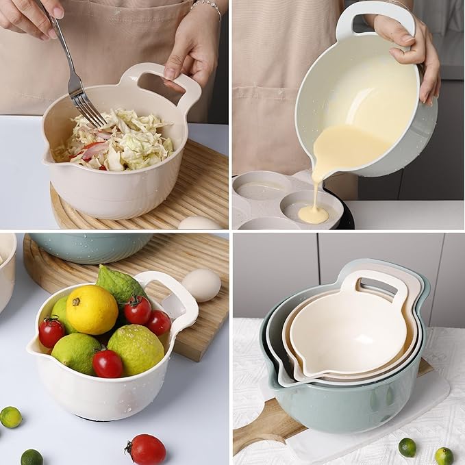 Mixing Bowls - 4 Piece Nesting Plastic Mixing Bowl Set with Pour Spouts and Handles - Non Slip Bottom and Measurement Markings (Light Green)