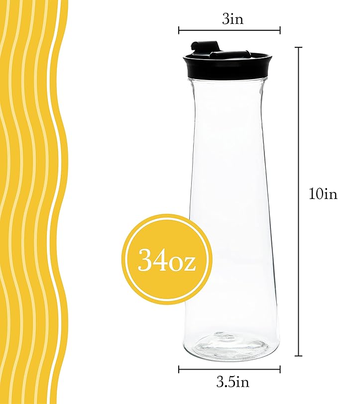 Clear Plastic Water Pitchers Carafes with Flip top Black Lids 34 OZ Heavy Duty Beverage Pitcher Jug for Juice or iced Coffee Great for Mimosa bar Restuarants ot Schools Pack of 6