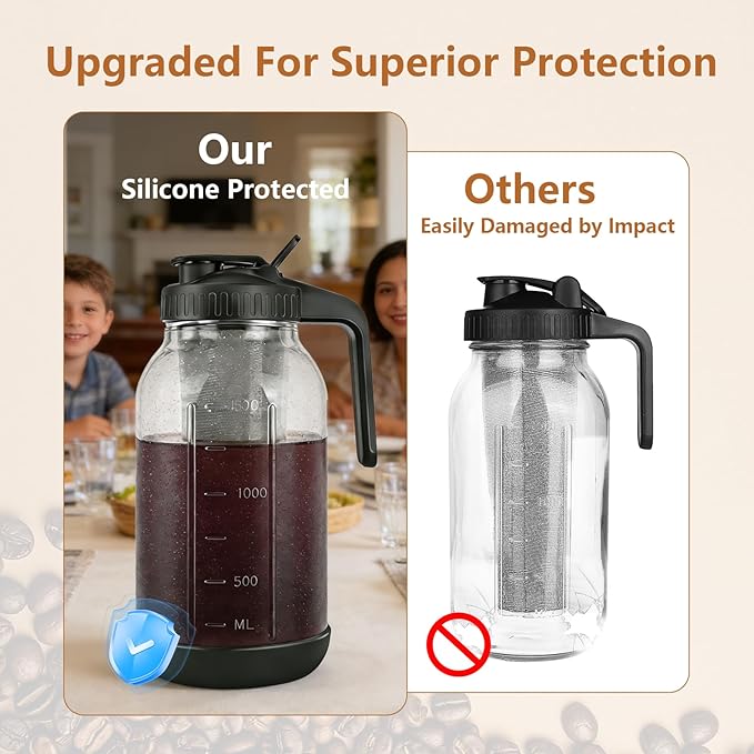 Cold Brew Coffee Maker, 64oz Mason Jar Pitcher with Stainless Steel Filter, Sealed, Leak-Proof Lid with Pour Spout & Handle, Heavy Duty Glass Iced Coffee Tea Brewer with Non-Slip Silicone Base-Black