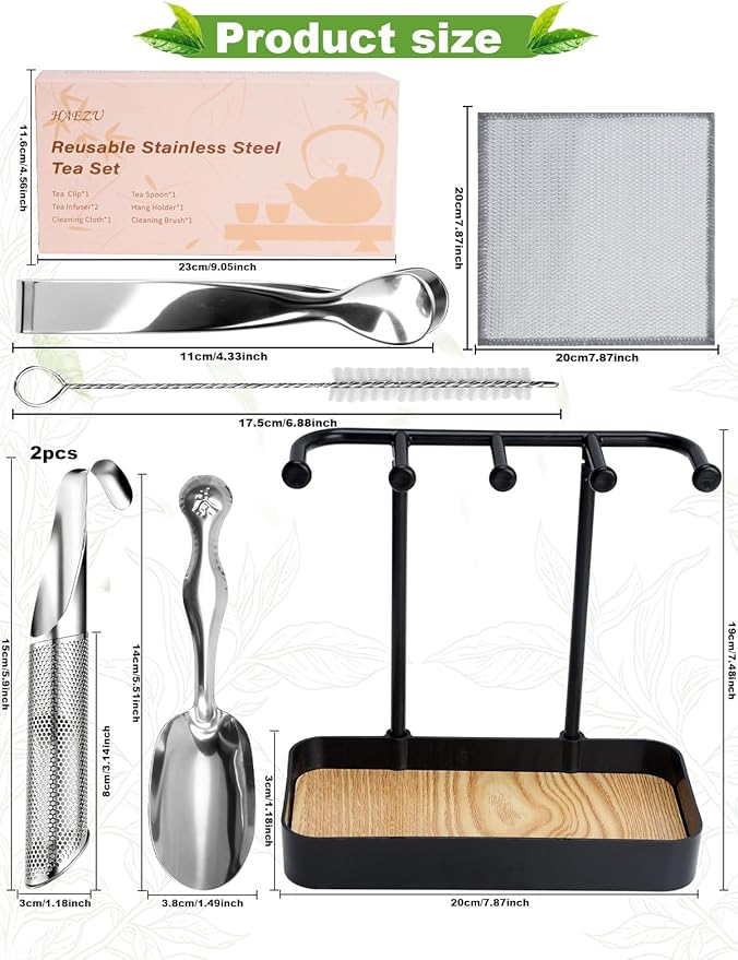 7 Pcs Reusable Stainless Steel Tea Infuser Set for Loose Tea(Complete Set） - 2 Pack Fine Mesh Tea Infuser with Tea Tray(Hook),Serving Tongs, Tea Spoon,Steel Wire Dishcloth,Cleaning Brush