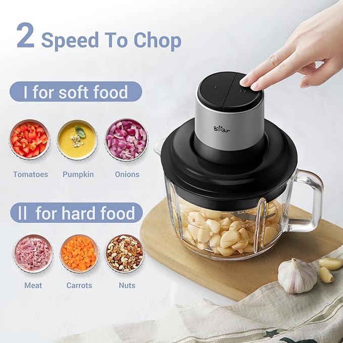 Bear Food Processor, Electric Food Chopper with 8 Cup/2L Handheld Glass Bowls, No-Hole 4 Bi-level Stainless Steel Blades for Easy Cleaning, 2 speed 400W Power Motor Grinder for Meat, and Baby Food