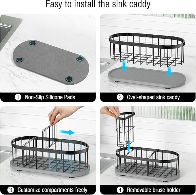 Sponge Holder for Kitchen Sink with High Brush Holder, [Stay-Dry Anywhere & No Drainage Needed] Rustproof Stainless Steel Kitchen Sink Caddy Organizer with Water Absorbing Stone Tray, Black