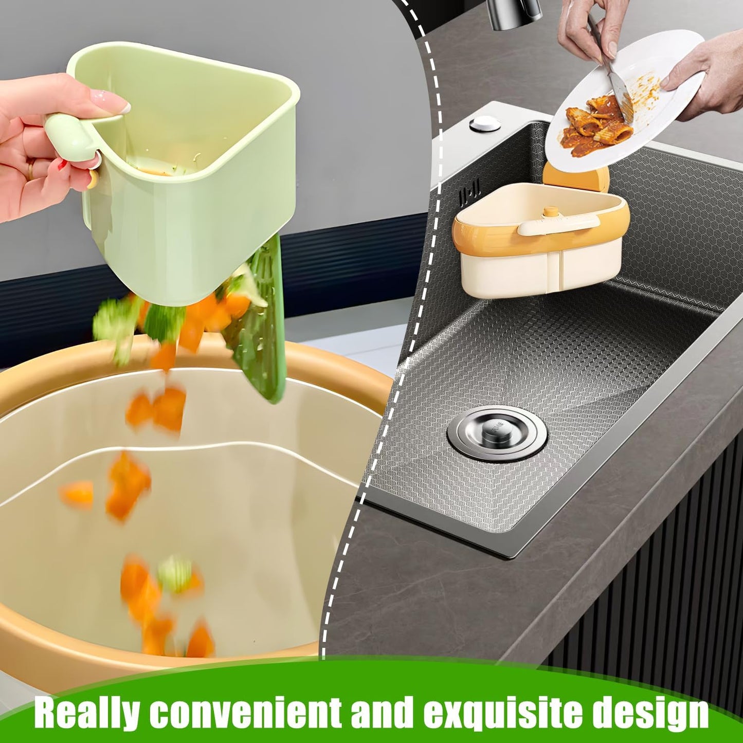 Suction Cup Sink Corner Rack, 2025 New Upgraded Suction Cup Press Triangular Drainer Basket, Automatic Dumping Sink Strainer Basket, Hanging Corner Sink Trash Catcher for Kitchen Food Waste (Green)