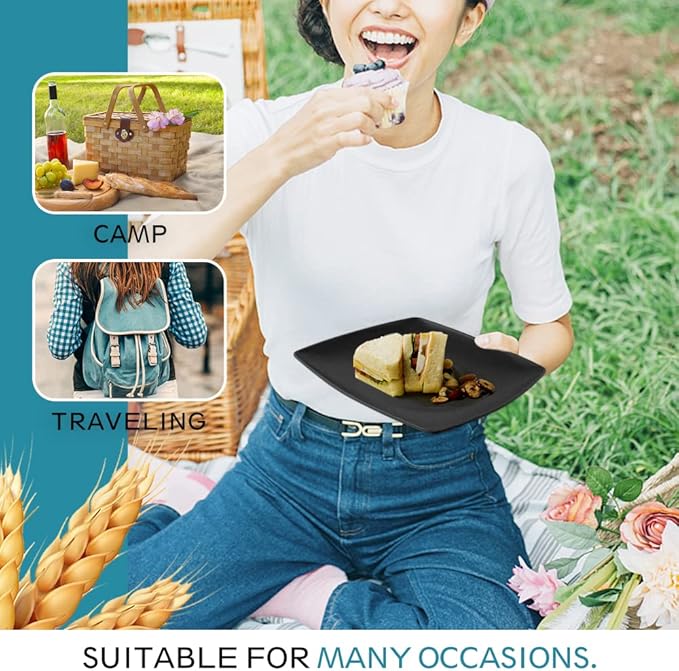 Teivio 48-piece Plastic Wheat Straw Square Dinnerware Set for 12, Unbreakable Dinner Plates, Salad Plates, Snack Bowls, Tumblers 13.5 oz, Dishwasher Safe Kitchen Outdoor Camping RV Dish, Black