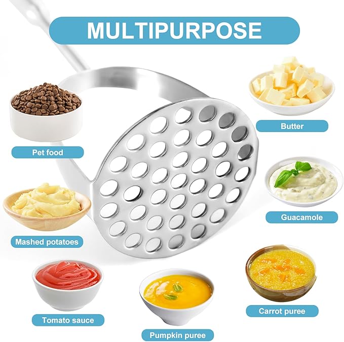 Potato Masher Stainless Steel - Mashed Potato Masher Kitchen Tool，Potato Smasher for Avocado, Tomato, Fruit & Vegetables, Pet Food, Heavy Duty Metal Bean Masher Utensil, Dishwasher Safe, 12.5-Inch