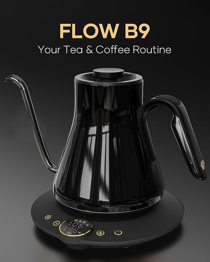 Cocinare Barista Collection Gooseneck Electric Kettle, ±1℉ Precise Temperature Control for Pour-Over Coffee & Tea, Quick Heating 1500W, Stainless Steel Interior, 0.9L (Soulages Black)