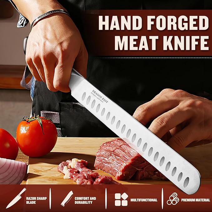DRAGON RIOT 10 inch Premium Brisket Knife, Razor Sharp Carving Knife with Ergonomic Handle Design, Granton Edge, Hand Forged Brisket Slicing Knife for Meat and BBQ Cuting Gift for Men