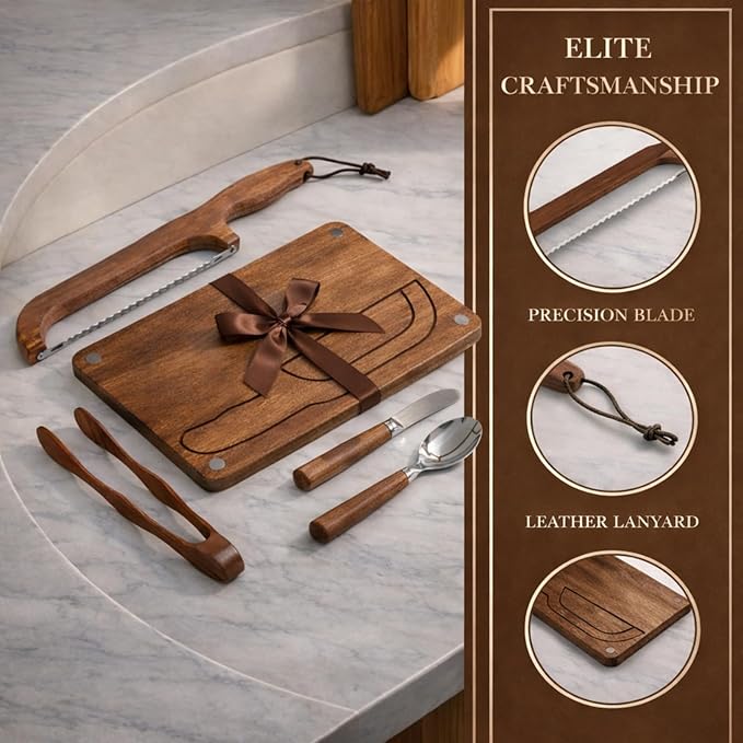 Bread Bow Knife and Cutting Board Set, 16" Serrated Stainless Steel Slicer for Homemade Sourdough & Artisan Bread, Ambidextrous Bread Slicing Kit with Crumb Tray, Bread Tong, Butter Knife, Jam Spoon