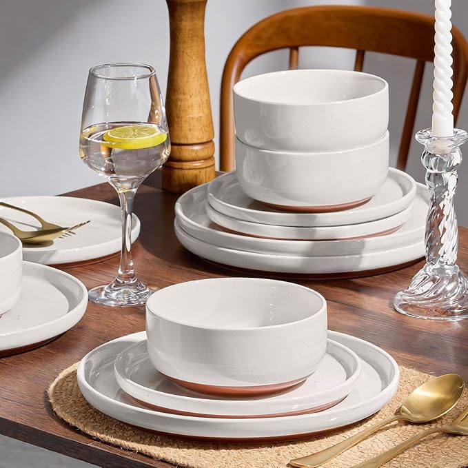 E-far 18-Piece Stoneware Dinnerware Sets, Plates and Bowls Sets for 6, Ceramic Dishware Dishes Set with Terracotta Base, Chip & Scratch Resistant, Microwave & Dishwasher Safe, Speckled White