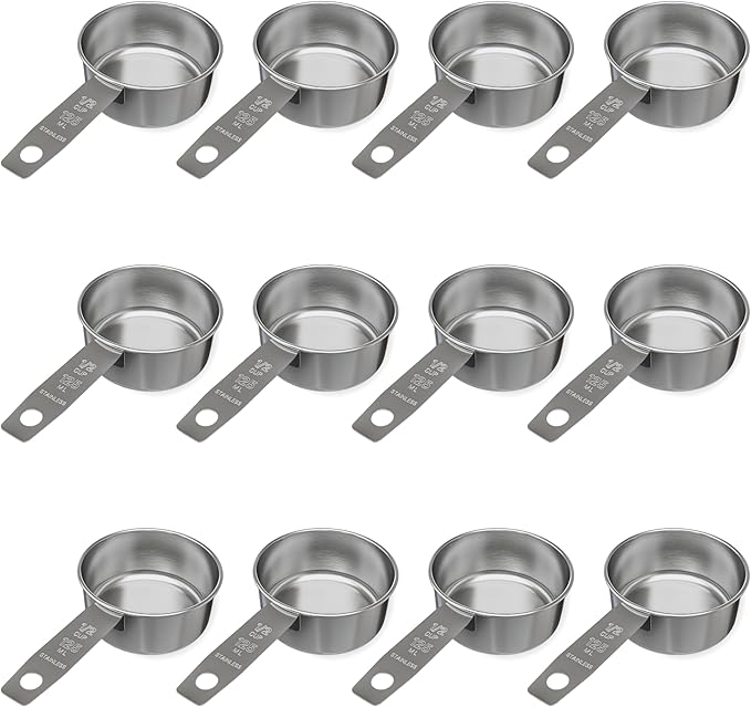 1/2 Cup Stainless Steel Measuring Cup | Sturdy Metal 125 ml | 125 cc | 4 oz | Single Cup for Wet and Dry Ingredients | Great for use as 1/2 Cup Dog Food Scoop - 12 PK