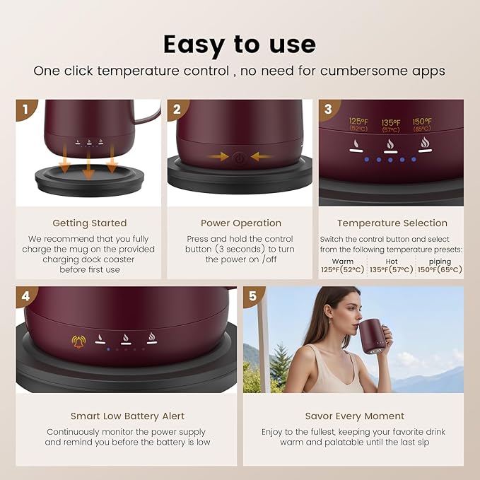 Smart Self Heating Coffee Mug,14oz Temperature Control Coffee Mug,Hot up to 150°F,Rechargeable Heated Coffee Mug,Up to 6H Battery Life,Coffee Cup Warmer,Great Gift for Coffee Lovers,Dad,Mom (Claret)