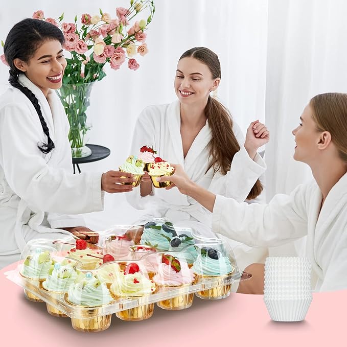 Gencywe (12 Pack x 20 Sets) Stackable Cupcake Carrier with 240 Pack Liners, Plastic Cupcake Boxes Holders for 12 Cupcakes, High Tall Dome Lid Cupcake Containers, Clear Disposable Cupcake Trays