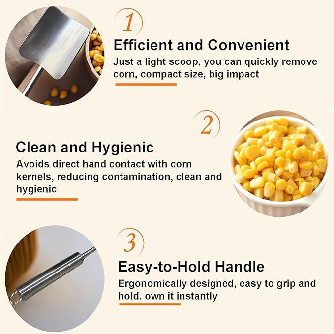 Long Handle Widen Shovel Surface Stainless Steel Corn Cutter with Hook,Corn Cob Stripper Tool,Corn Peeler for Corn on the Cob,Corn on the Cob Remover,Corn Stripper - Silver