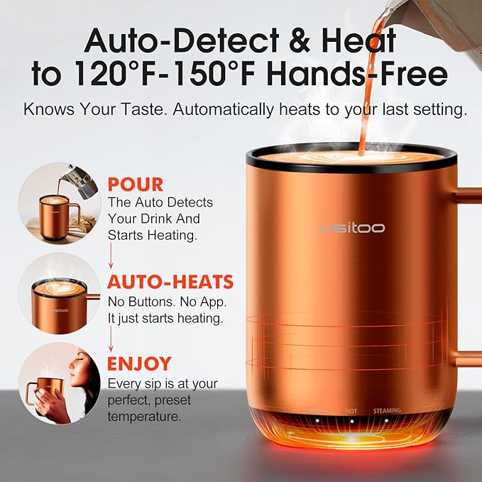 Vsitoo S3 Plus 14oz Heated Coffee Mug - Temperature Control Smart Mug with Mug Warmer, Auto-Sensing AI Heats Drinks to 120-150°F Hands-Free.Ideal for Home/Office/Gifts，Copper
